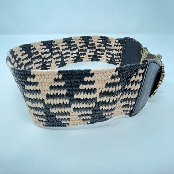 Vintage Wearable Art Boho Brass, Black & Cream Woven & Leather Statement Belt - Picture 3 of 7
